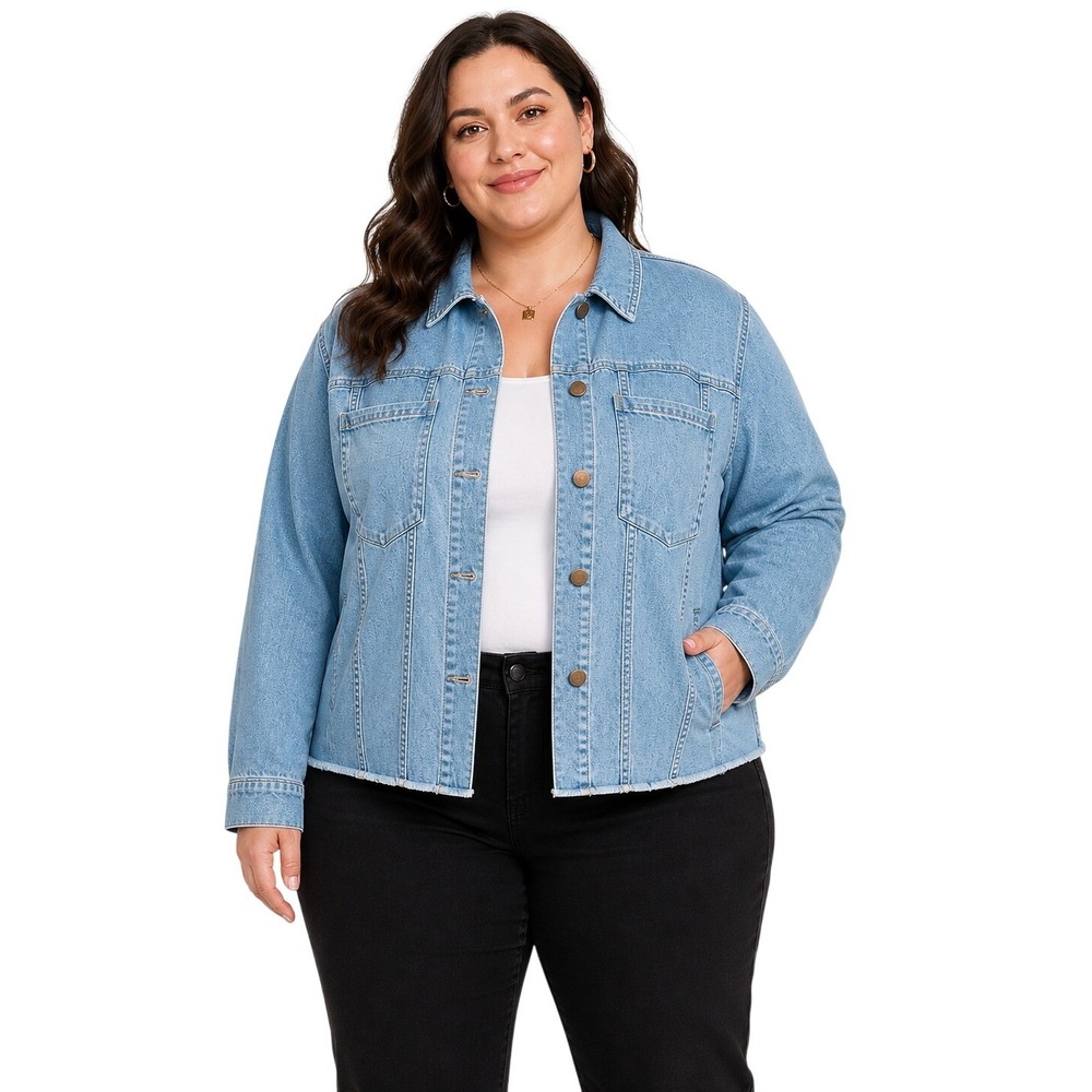 NIC+ZOE Blue Denim Jean Jacket Light Wash Raw Hem Cropped Stretch Size‎ 1X NWT
